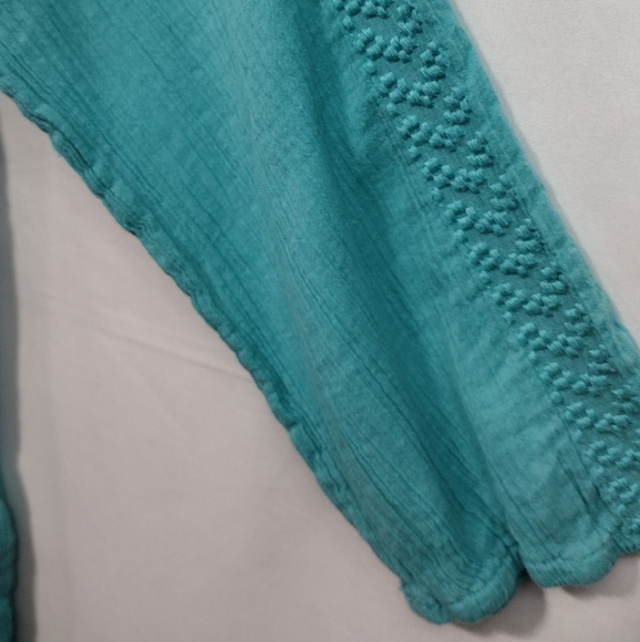 LRL Ralph Lauren Embroidered Crinkle Blouse Womens L Teal Cottagecore Peasant - Picture 3 of 7